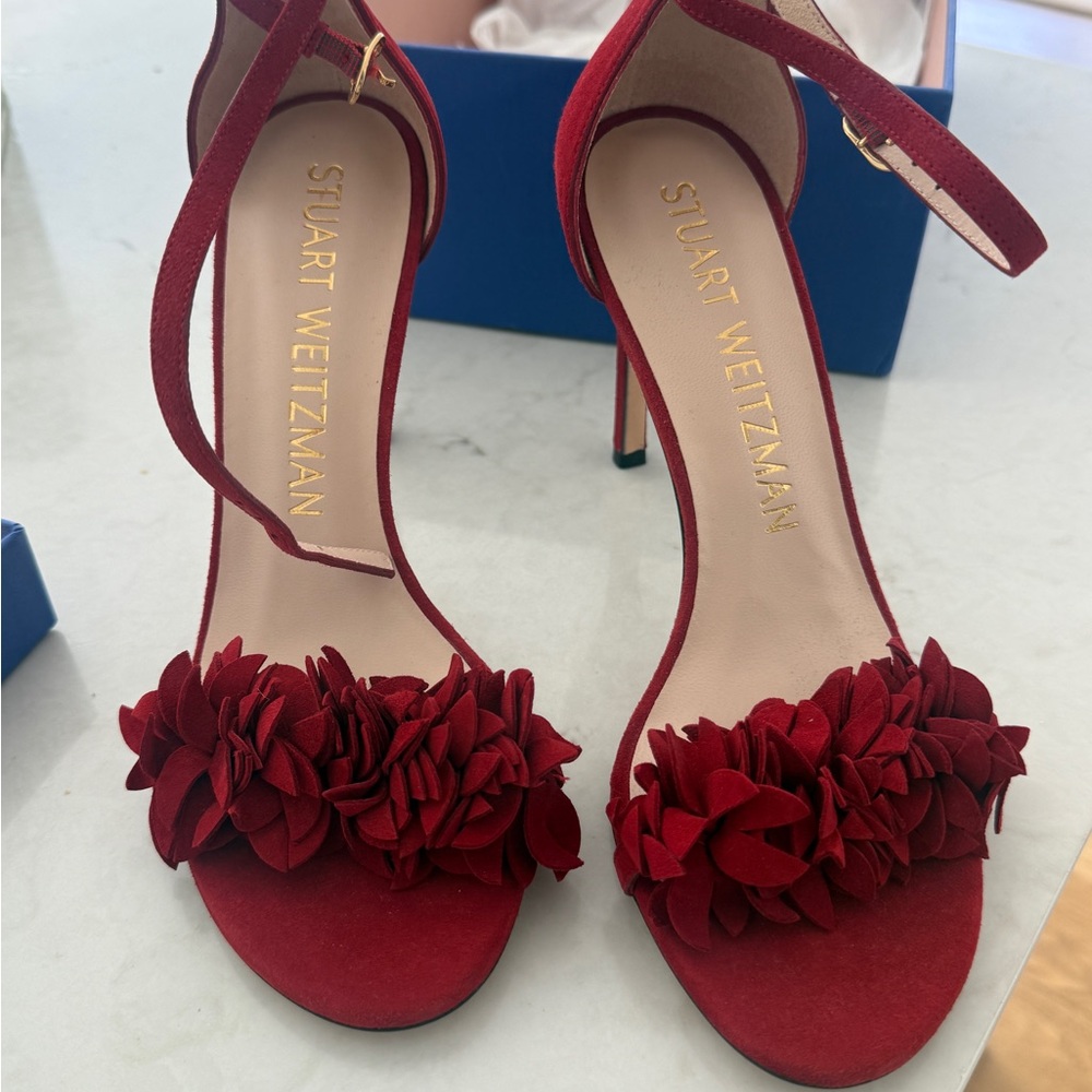 Stuart Weitzman Red Floral Suede Ankle-Strap Heels - Picture 1 of 4